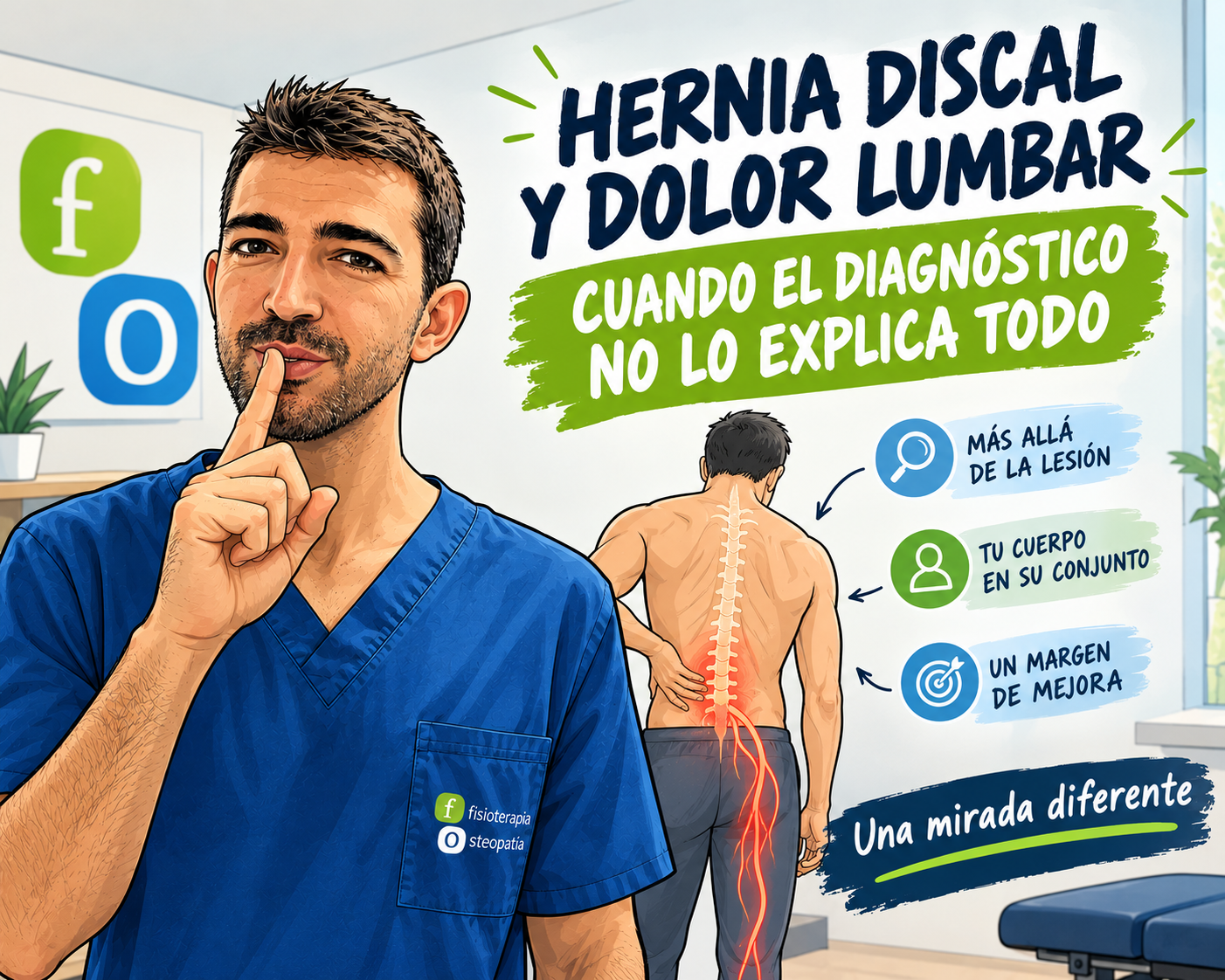 Ilustración sobre hernia discal y dolor lumbar que muestra una valoración global del paciente desde la fisioterapia y la osteopatía.